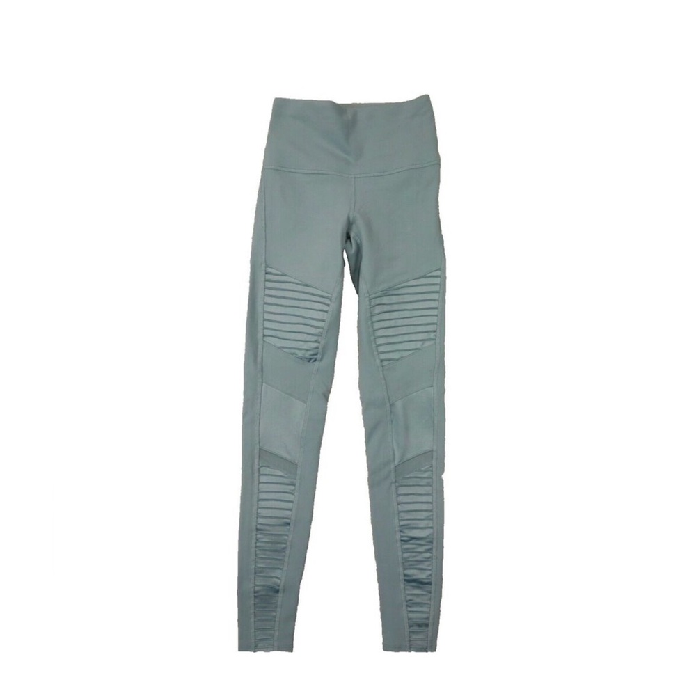 High-Waist Moto Ribbed Leggings - Sage Green‎ blue
